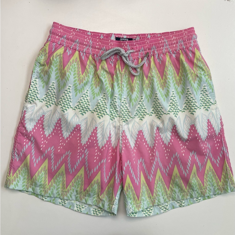 Vilebrequin Swim Shorts Trunks Pockets Geometric Trees Green Yellow Pink White